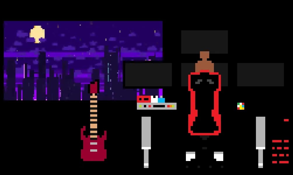 Pixel art of Ola's workspace featuring a city skyline, an electric guitar, guitar pedals, a microphone amplifier, a gaming chair in front of multiple monitors, and a desktop computer tower.